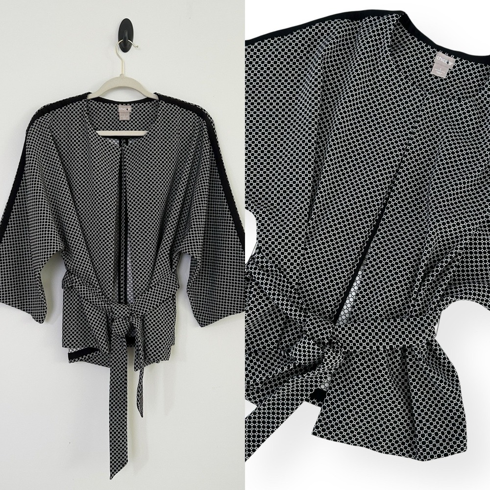Chico's Women's Medium Size 1 Black White Multicolor 3/4 Sleeve Tie Waist Jacket